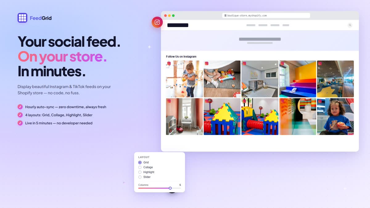Funsquare's storefront with a FeedGrid Instagram + TikTok widget on the homepage.